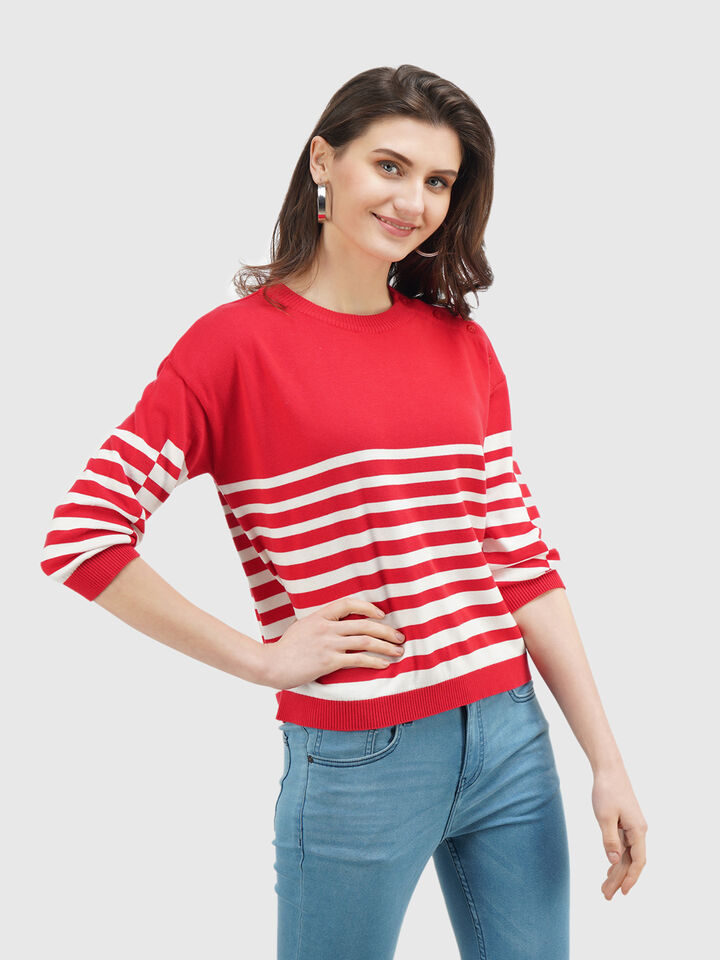 Full Sleeve Stripe Button Shoulder Tricot Top image number 2